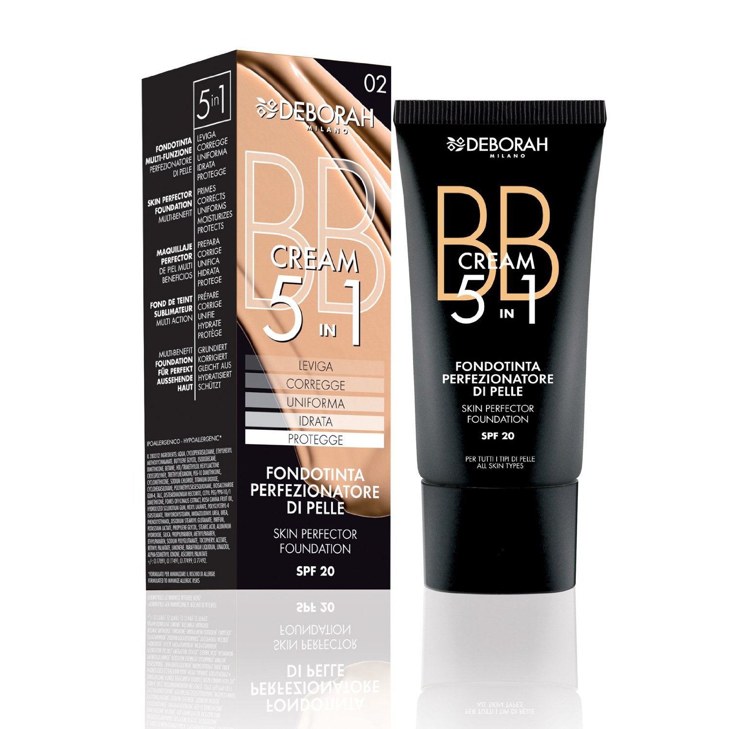 Deborah Milano - BB Cream Fondotinta Viso 5 in 1, 02 Beige, Effetto Antiossidante, Minimizza le Imperfezioni e Dona una Pelle Levigata e Nutrita, 30 ml